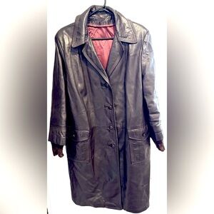 Vintage 70s leather trench coat jacket midi brown retro hipster boho unisex L